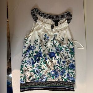 WHITE HOUSE BLACK MARKET WOMENS SLEEVELESS FLORAL TOP BLUE BLACK